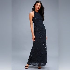Lulus Cielo Navy Blue Sequin Halter Maxi Dress Size S NWT